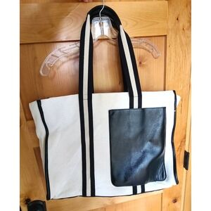 BCBG Maxazria Y2K Black White Striped Canvas Tote Bag Large Leather Pocket